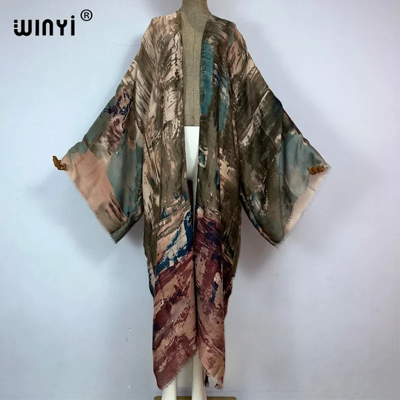 WINYI fashion Kimono Print coat Long Sleeve Cardigan abaya muslim woman Cover Up boho dress kaftan abaya dubai luxury caftan