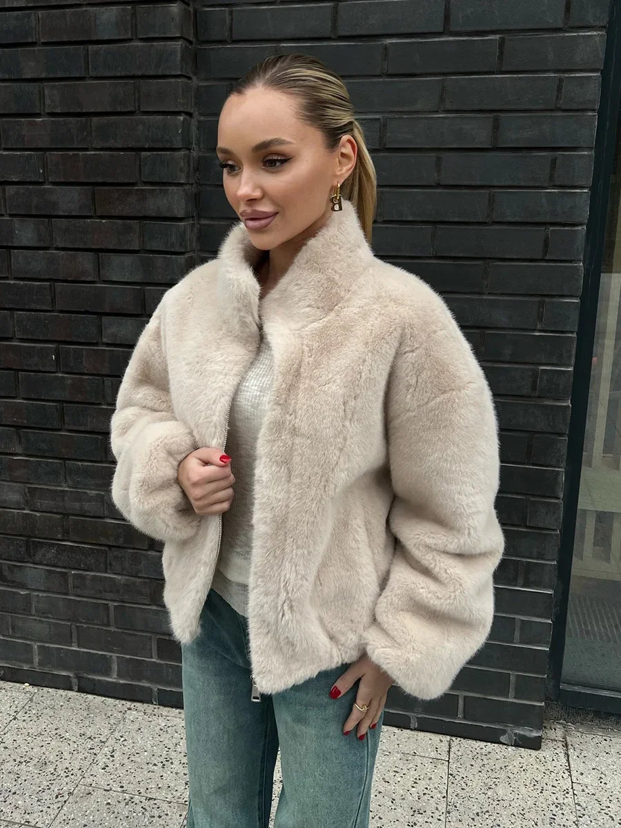 Blubelle New Women's Faux Fur Jacket Zipper Warm Plush Coat Oversized Soft Fluffy Stand Up Collar Autumn Winter Casual Jacket