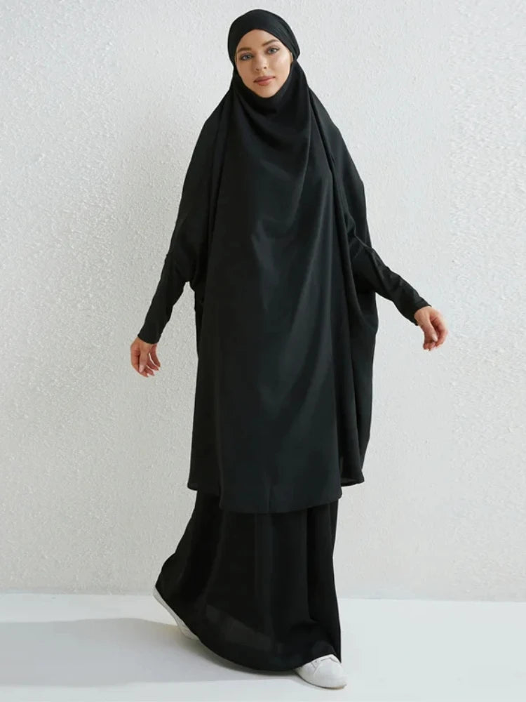 Muslim Sets Two Pieces Prayer Clothing Long Hooded Smocking Sleeve Shirts Hijab Loose Maxi Skirts Elastic Waist Women Abaya Sets