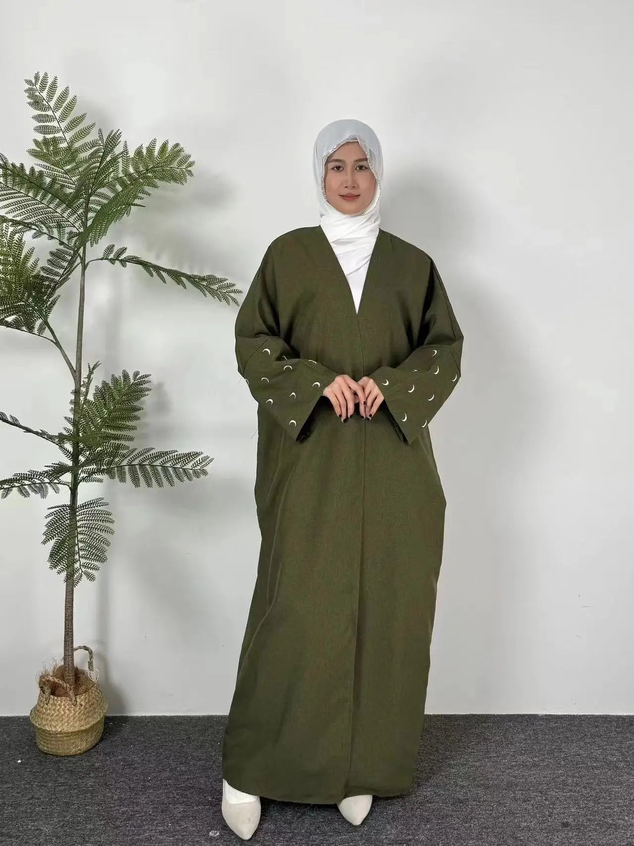 Moon Embroidery Open Front Abaya,Long Sleeve Maxi Length Dress Women's Clothing Muslim Cardigan Abayas Out Kaftans Women Jilbabs