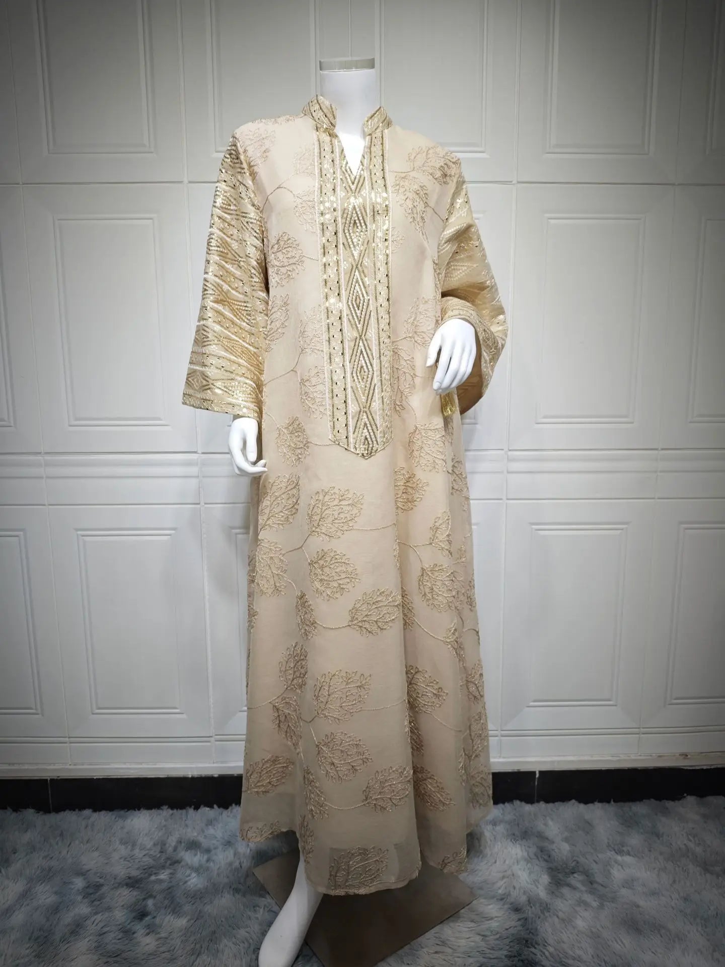 Muslim Women's Light Blue Islamic Embroidered Abaya with Gold Detailing Ideal for Formal Events in Middle East like UAE Saudi