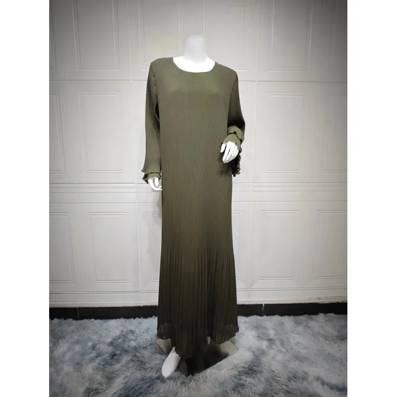 Muslim Dubai New Style Pleated Wrap Dress Pure Color Women's Fashion Green Light Peach Color Long Robe Traditional Middle East