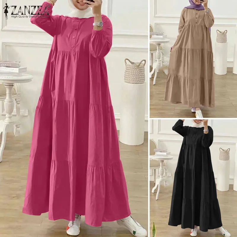 ZANZEA Autumn Women Long Vestidos Muslim Fashion O Neck Islamic Hijab Casual Loose Maxi Dress Tiered Long Sleeve Abaya Robes