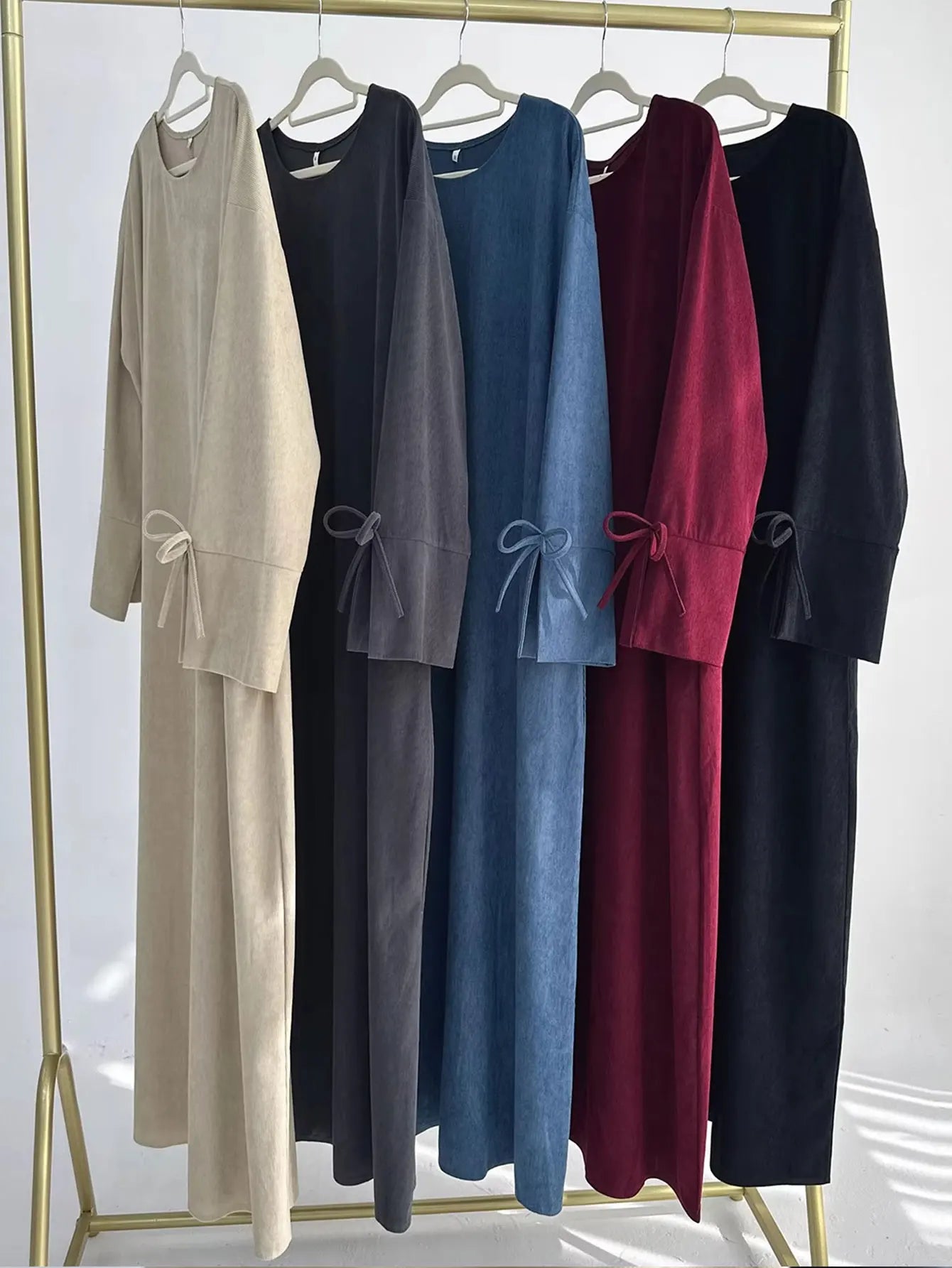 Winter Corduroy Bow Knot Sleeve Abaya Women Muslim Dress Modest Clothing Women Abaya Femmes Robe Musulmane Robes Prayer Clothes