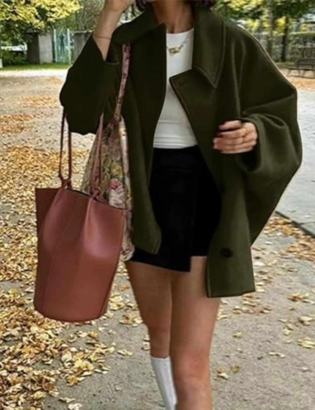 ZBZA Women's Oblique Button Loose Batwing Sleeve Jacket Coat Lapel Double Pocket Warm Solid Vintage Outerwear Fall Winter Coat