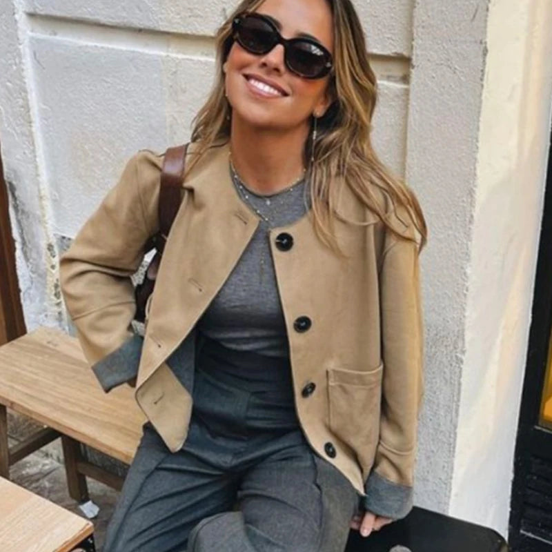 HXAO Demi-Season Suede Jacket Women Cropped Coat Autumn Faux Bomber Jacket Outerwear Button Elegant New Jacket Short Coat