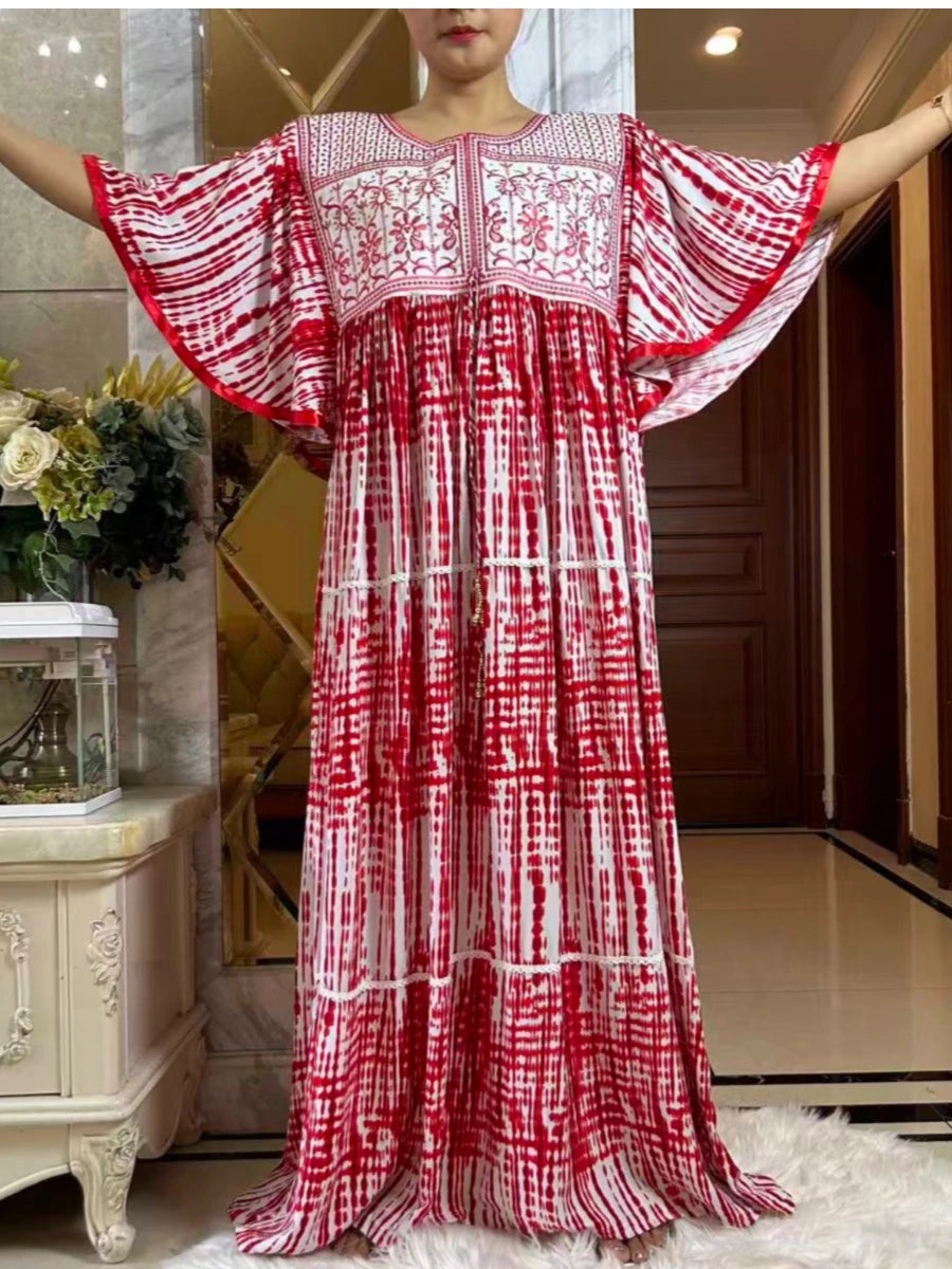 2025 New Muslim Abaya Summer Dress Short Sleeve Collect Waist Floral Loose Boubou Maxi Islam Women Dress African Abaya Clothing
