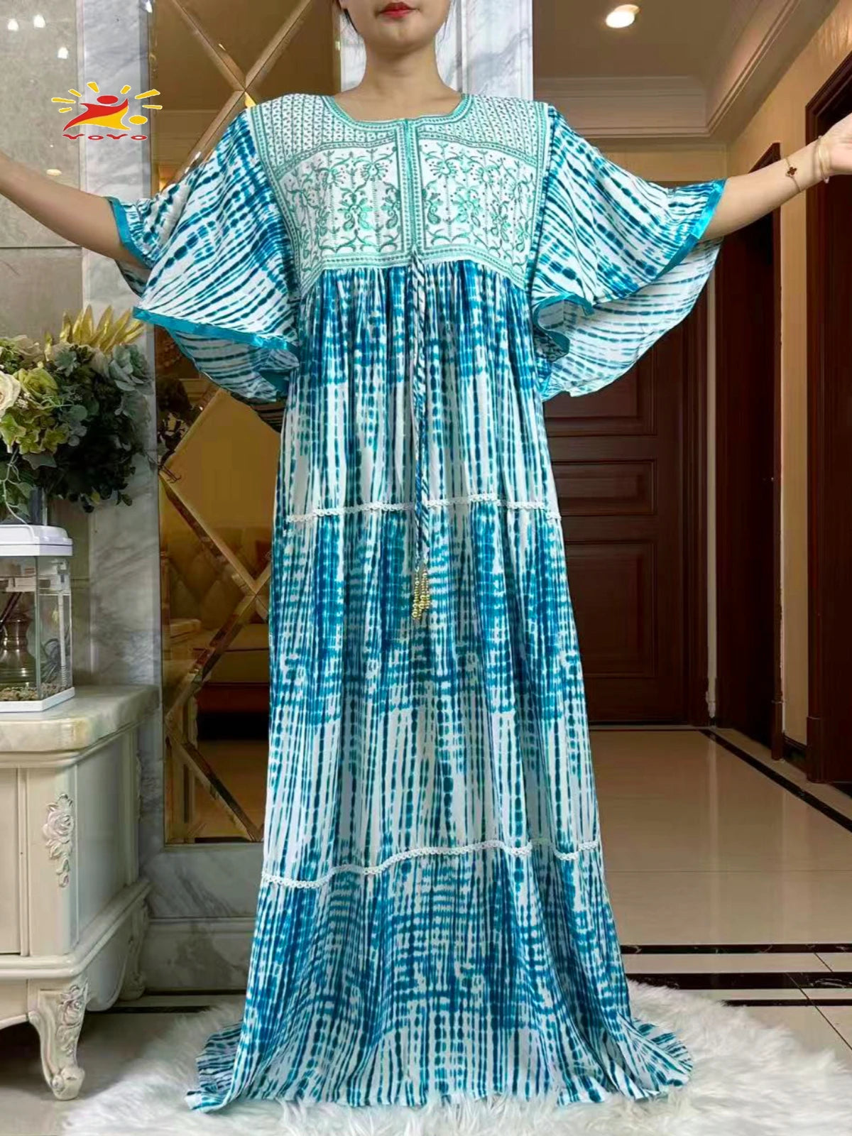 2025 New Muslim Abaya Summer Dress Short Sleeve Collect Waist Floral Loose Boubou Maxi Islam Women Dress African Abaya Clothing