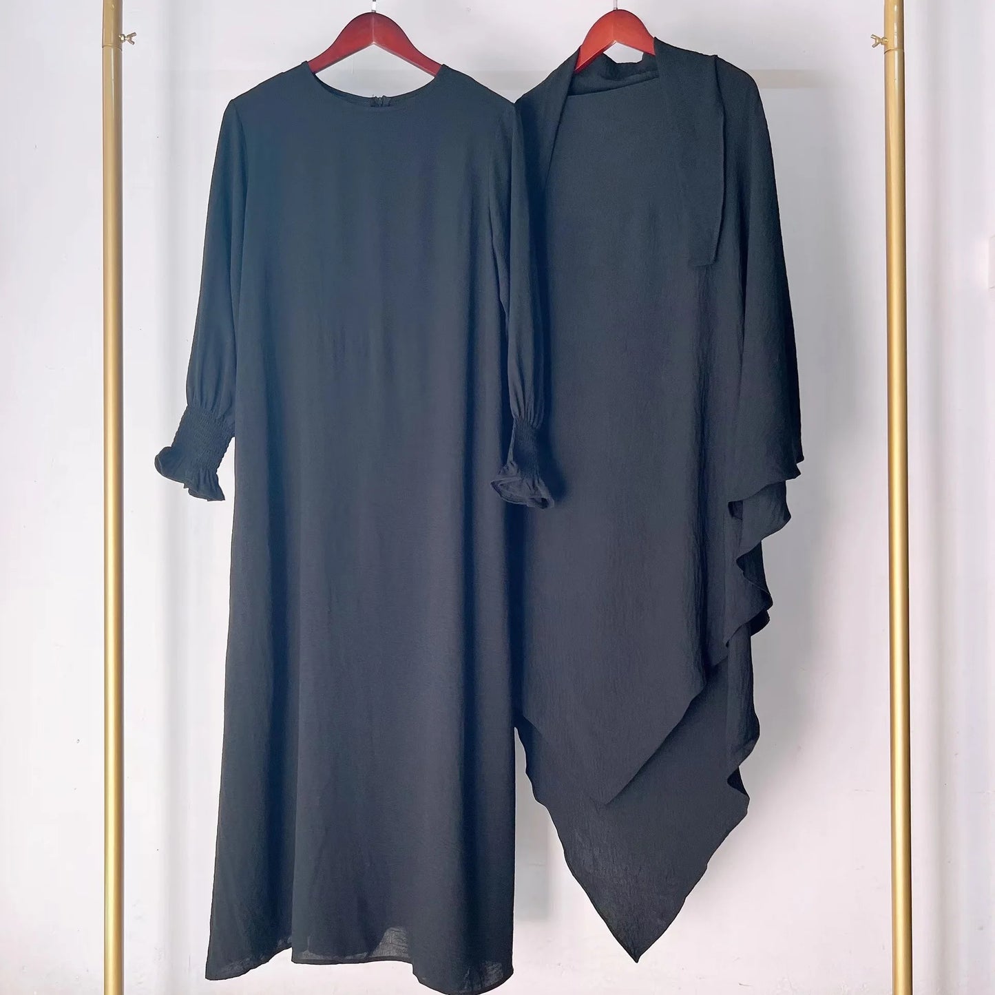 2 Pcs Muslim Set  New Sweet Solid Color Long Dress+Single Layer Shawl Suit  Abaya and Khimar Set Jilbab 2 Pcs Ramadan Long Hijab