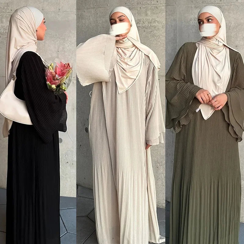 Muslim Dubai New Style Pleated Wrap Dress Pure Color Women's Fashion Green Light Peach Color Long Robe Traditional Middle East