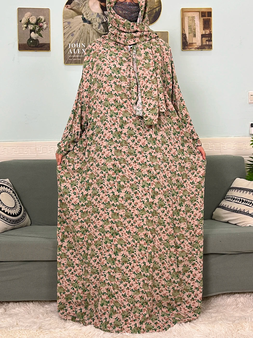 Muslim Cotton Abayas For Women Traditional Floral Ramadan Prayer Garment African Caftan Marocain Femme Robe Connected Headscarf