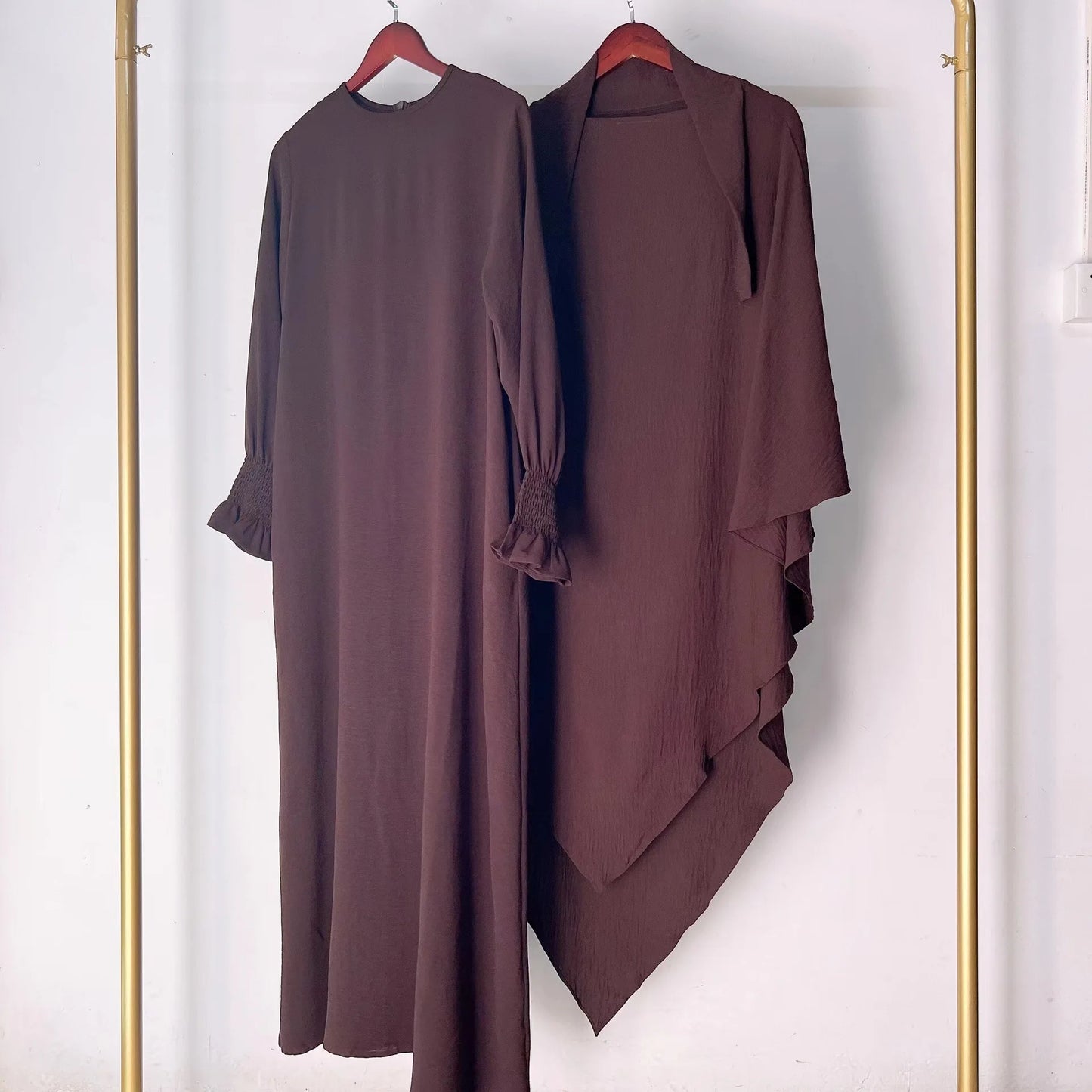 2 Pcs Muslim Set  New Sweet Solid Color Long Dress+Single Layer Shawl Suit  Abaya and Khimar Set Jilbab 2 Pcs Ramadan Long Hijab