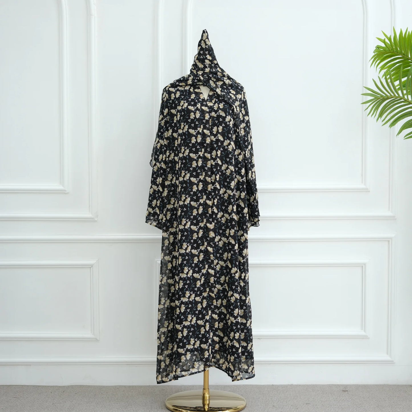 Summer Ramadan Chiffon Modest Abaya Women Muslim Dress Two Pieces Set Front Open Printed Kimono Abaya With Matching Hijab Scarf