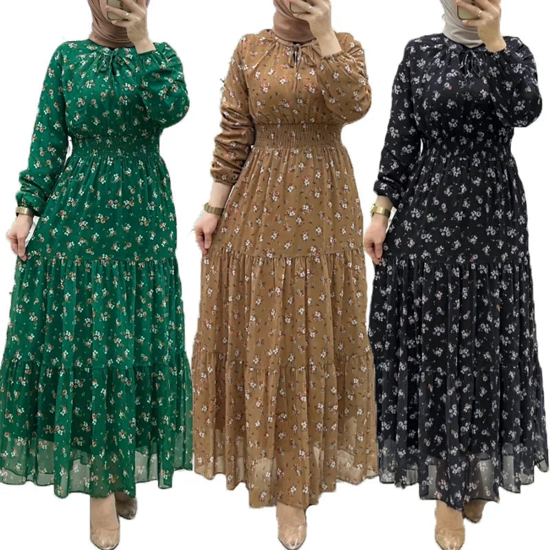 Fashion Muslim Chiffon Flowers Printing Dress High Waist Muslim Dress Abaya Woman Clothing Female Jalabiya