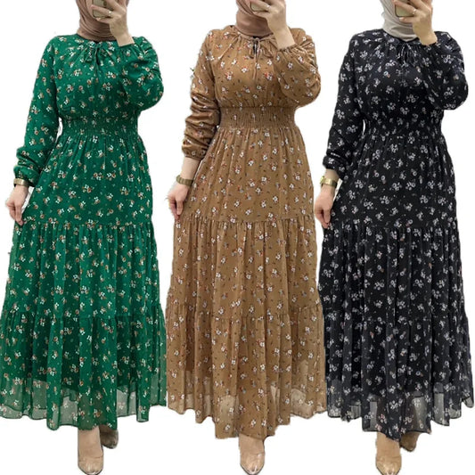 Fashion Muslim Chiffon Flowers Printing Dress High Waist Muslim Dress Abaya Woman Clothing Female Jalabiya