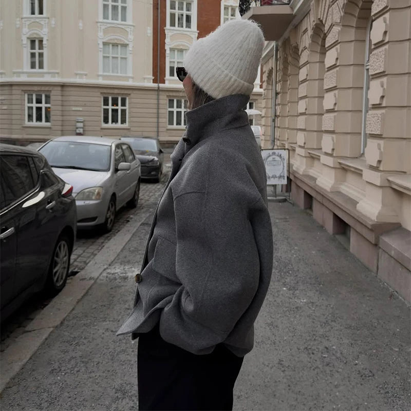 2025 Autumn Winter Stand Collar Coat Women Big Pockets Wool Blend Long Sleeve Single-breasted Thick Jacket Female Lady Outwears