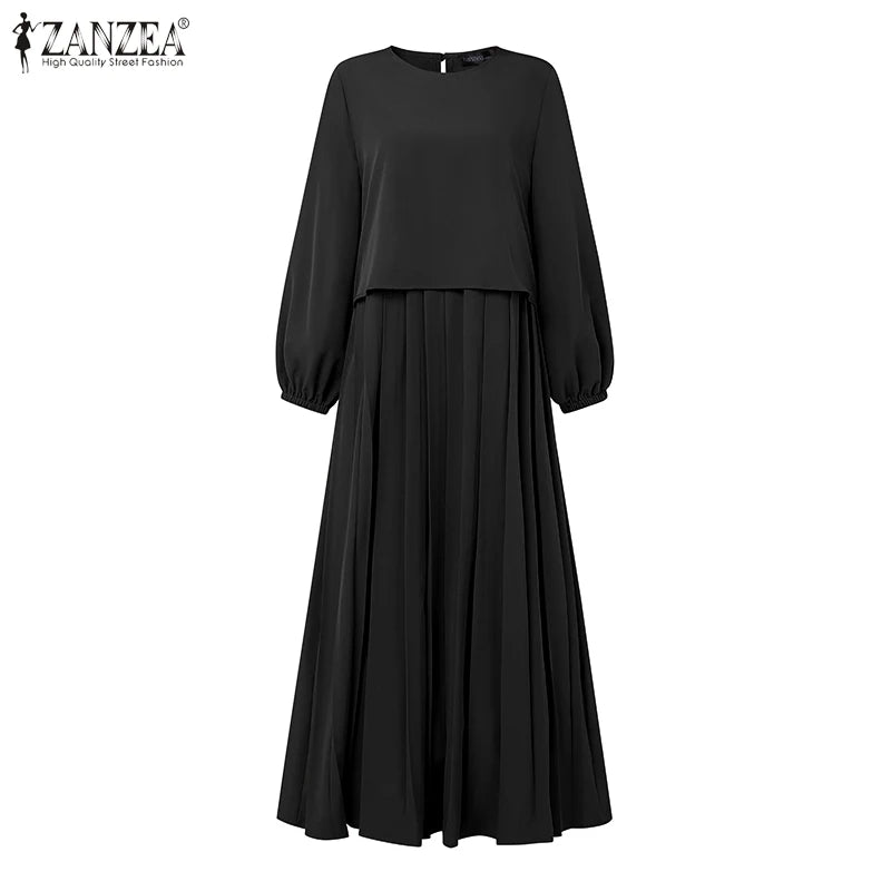 Women Autumn Patchwork Dresses 2025 ZANZEA Muslim Abaya Robe Femme Elegant Long Sleeve Solid Pleated Sundress IsIamic Clothing