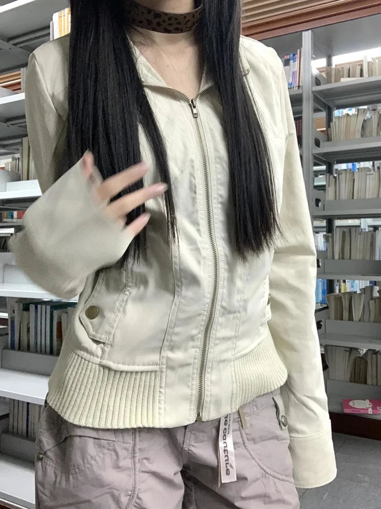 Vintage Stand Collar Women Jacket Y2K American Streetwear Slim Motorcycle Coats Female Gothic All Match Zipper Outerwear New