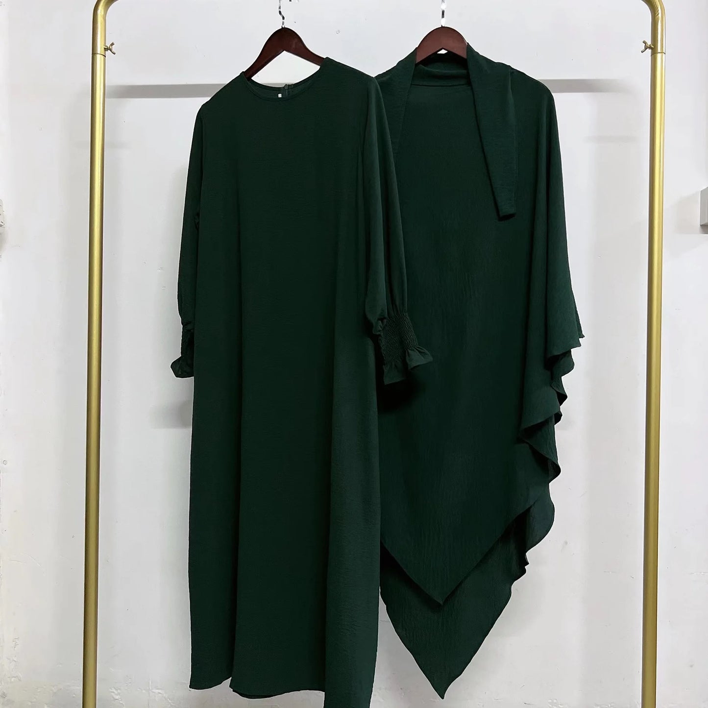 2 Pcs Muslim Set  New Sweet Solid Color Long Dress+Single Layer Shawl Suit  Abaya and Khimar Set Jilbab 2 Pcs Ramadan Long Hijab