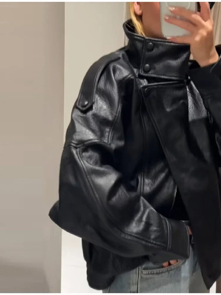 Street PU Leather Loose Jacket Women Fashion Solid Full Sleeve Stand Collar Single Breasted Coats Female 2025 Autumn Lady Coat