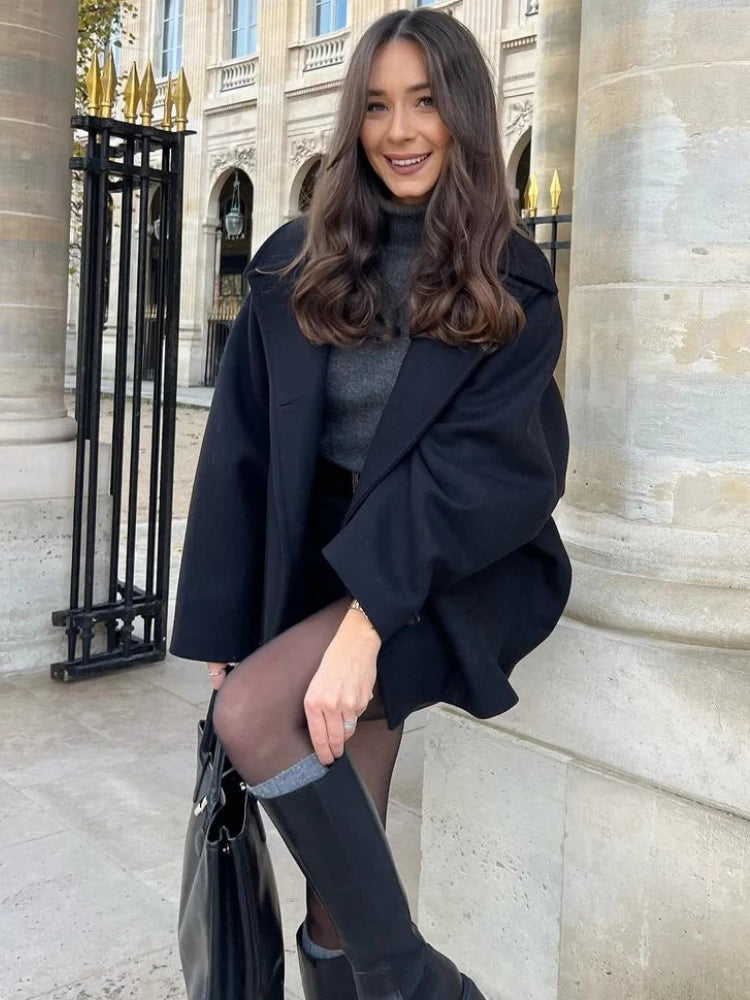 ZBZA Women's Oblique Button Loose Batwing Sleeve Jacket Coat Lapel Double Pocket Warm Solid Vintage Outerwear Fall Winter Coat