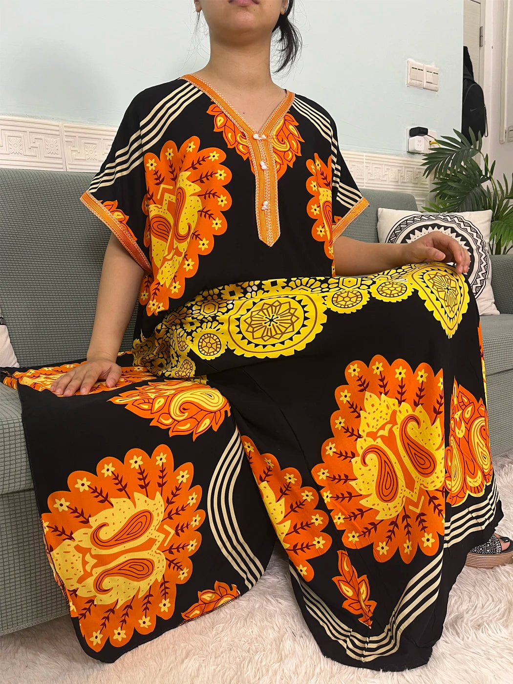 2024 Muslim Cotton Abayas For Women Appliques Printed Caftan Marocaine Femme Robe Boubou African Islam Dresses With Headscarf