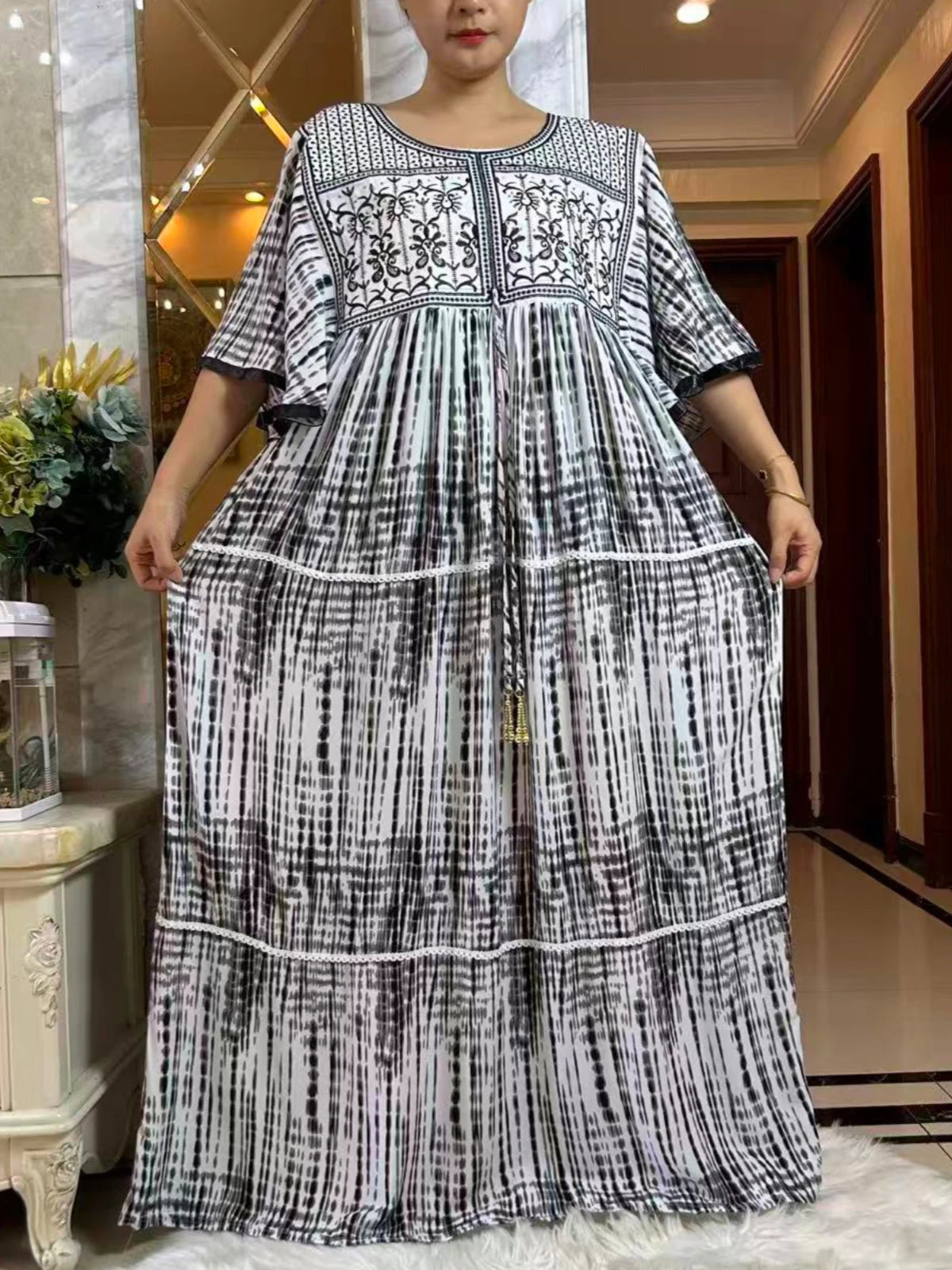 2025 New Muslim Abaya Summer Dress Short Sleeve Collect Waist Floral Loose Boubou Maxi Islam Women Dress African Abaya Clothing