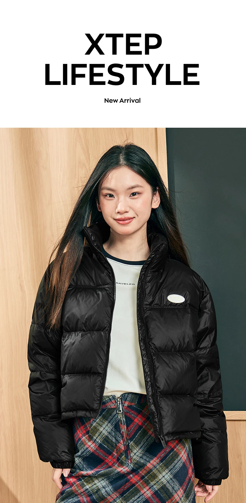 Xtep Down Jacket For Women 2024 Winter Soft Zip-up Short Water Resistence Coat Keep Warm Sporty Stand Collar Tops 876428190061