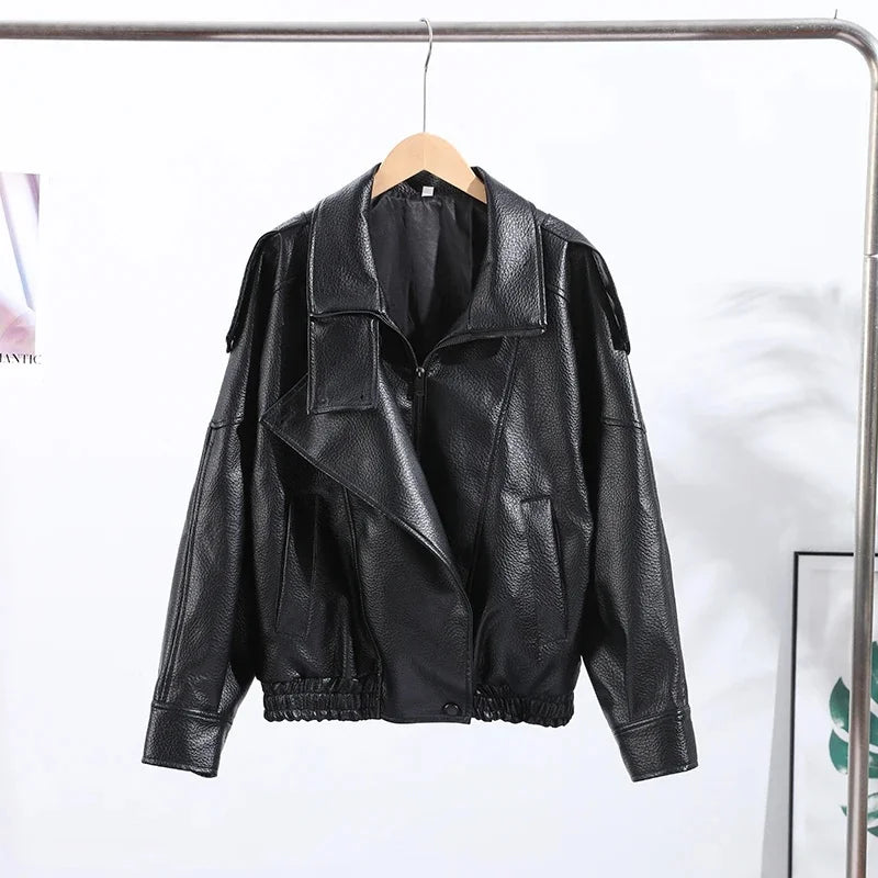 Street PU Leather Loose Jacket Women Fashion Solid Full Sleeve Stand Collar Single Breasted Coats Female 2025 Autumn Lady Coat