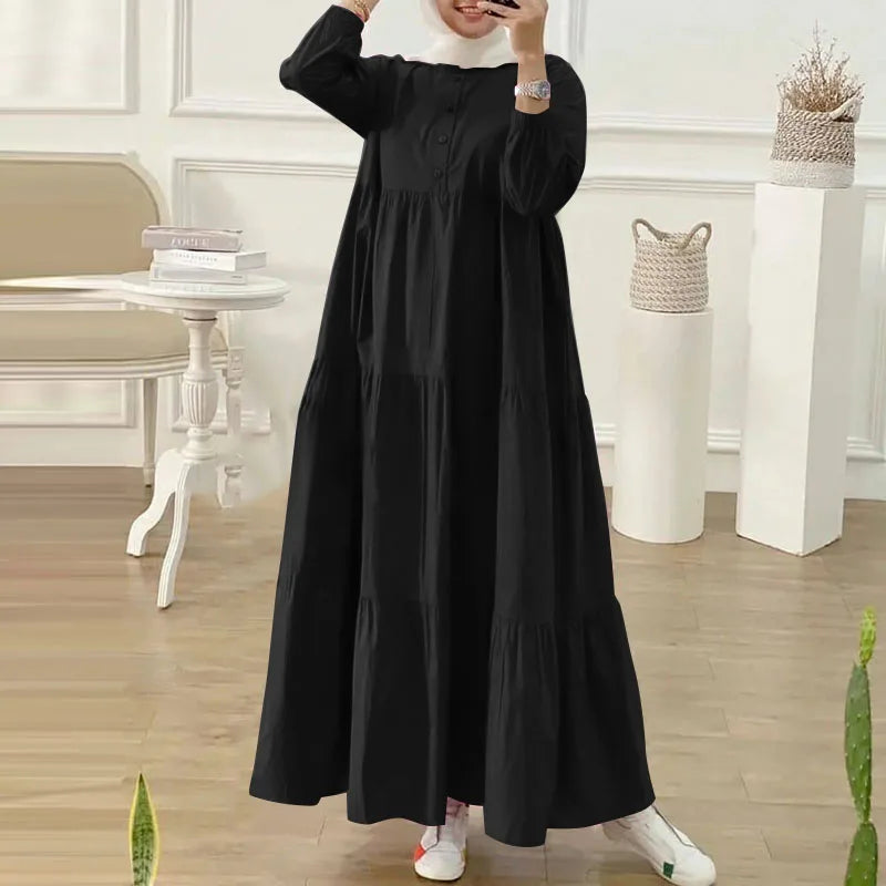 ZANZEA Autumn Women Long Vestidos Muslim Fashion O Neck Islamic Hijab Casual Loose Maxi Dress Tiered Long Sleeve Abaya Robes
