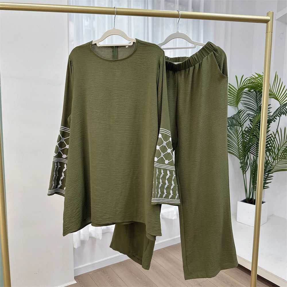 Eid Plain 2 Piece Abaya Set Tops Pants Modest Muslim Sets Abayas For Women Clothing Robe Caftan Marocain Femme Musulmane Kaftan
