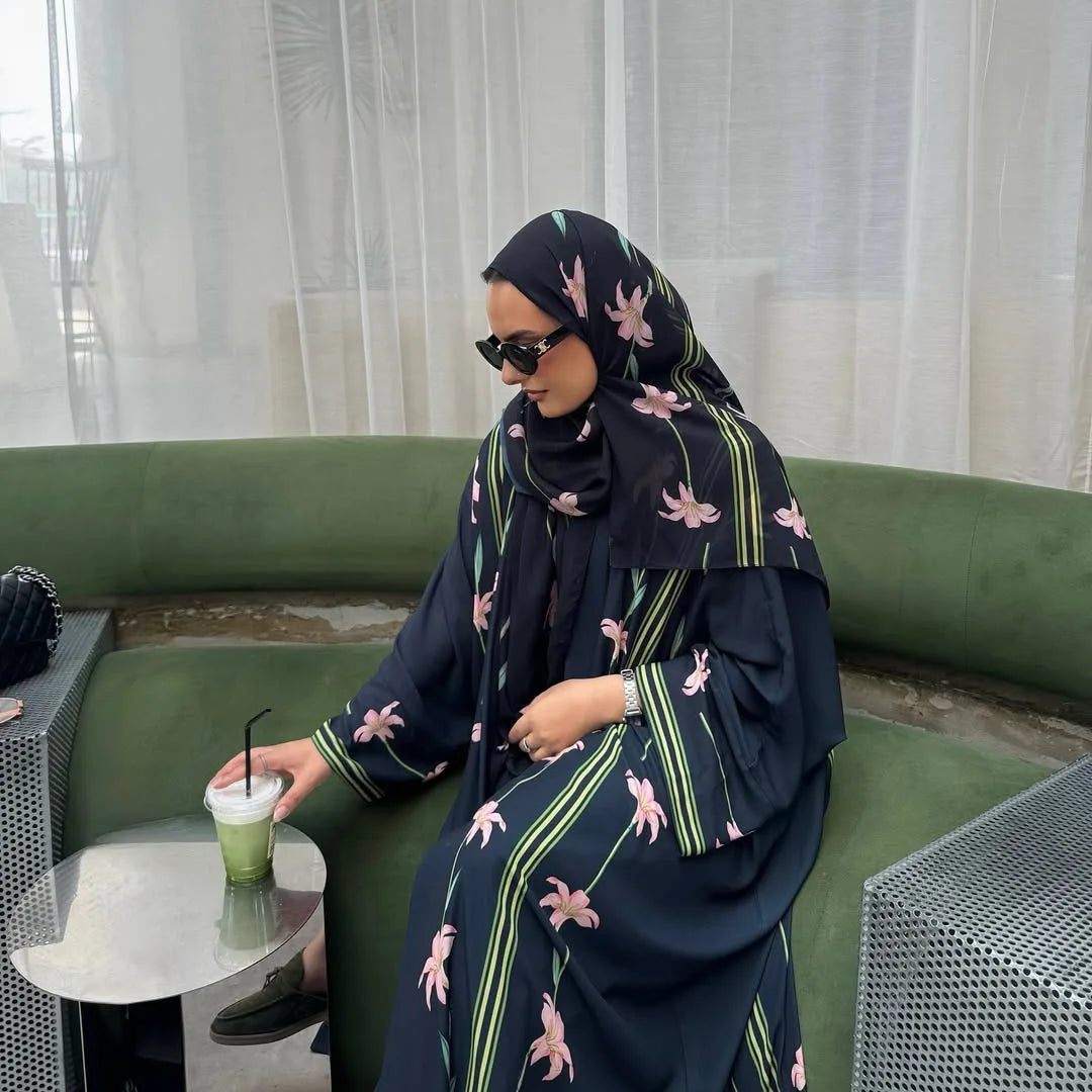 Uni Islamic Clothing Modest Abaya Women Muslim Dress Front Open Printed Abaya 2025 With Hijab Scarf Two Piece Set for Summer