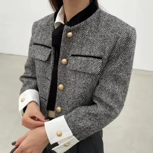 Fashion Metal Button Stand Collar  Short Jackets Women Korean Patchwork Plaid Coat 2025 Spring Long Sleeve Cropped Outwear