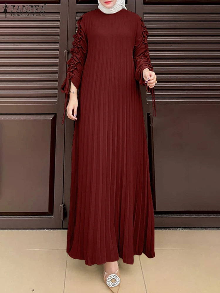 Muslim Hijab Dresses Abaya ZANZEA Spring Maxi Sundress Women Fashion Long Sleeve Pleated Party Dress IsIamic Clothing Robe Femme