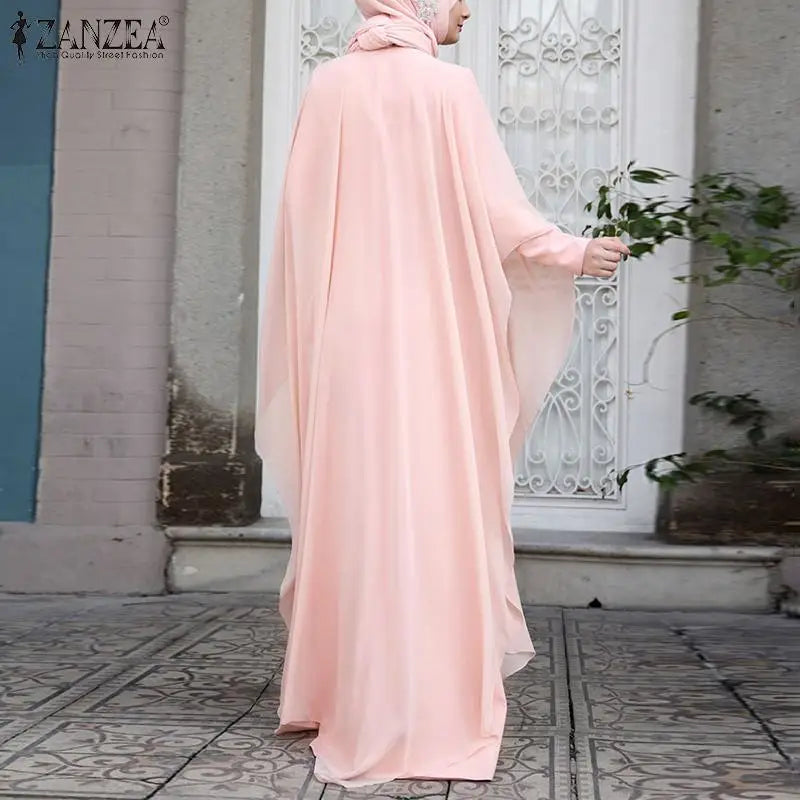 ZANZEA Women Chiffon Abaya Eid Mubarek Muslim Dresses Robe Long Sleeve Hijab Vestidos Fashion Abayas For Women Isamic Clothing