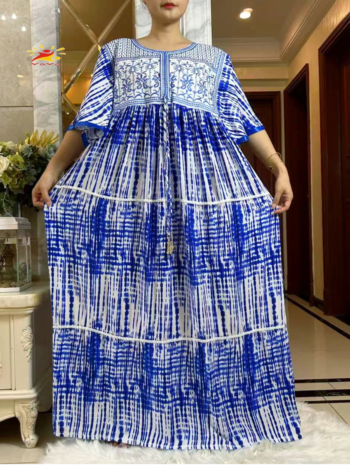 2025 New Muslim Abaya Summer Dress Short Sleeve Collect Waist Floral Loose Boubou Maxi Islam Women Dress African Abaya Clothing