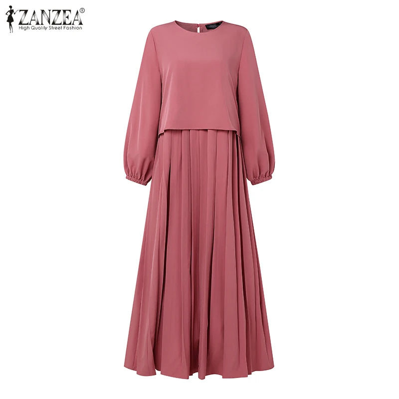 Women Autumn Patchwork Dresses 2025 ZANZEA Muslim Abaya Robe Femme Elegant Long Sleeve Solid Pleated Sundress IsIamic Clothing