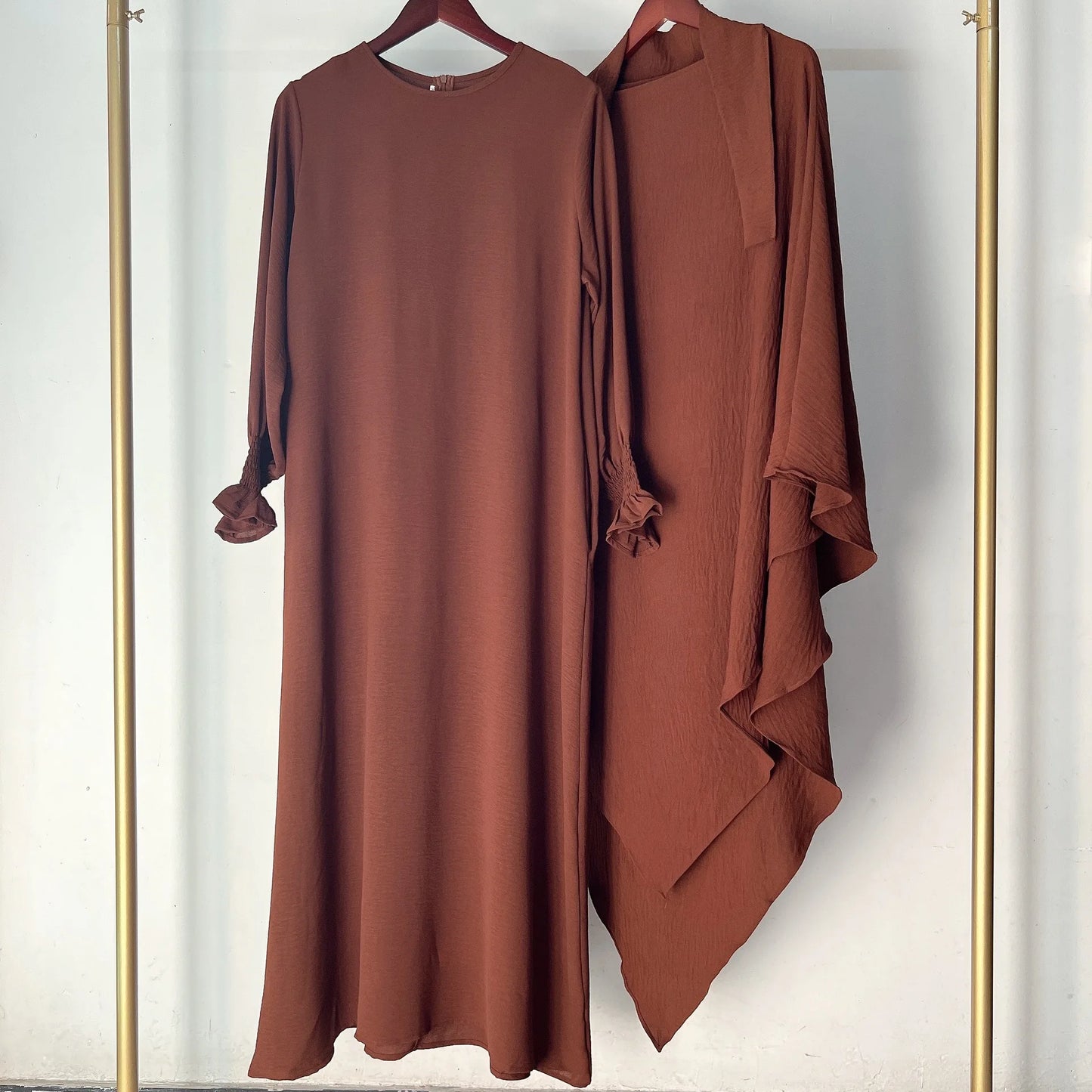 2 Pcs Muslim Set  New Sweet Solid Color Long Dress+Single Layer Shawl Suit  Abaya and Khimar Set Jilbab 2 Pcs Ramadan Long Hijab