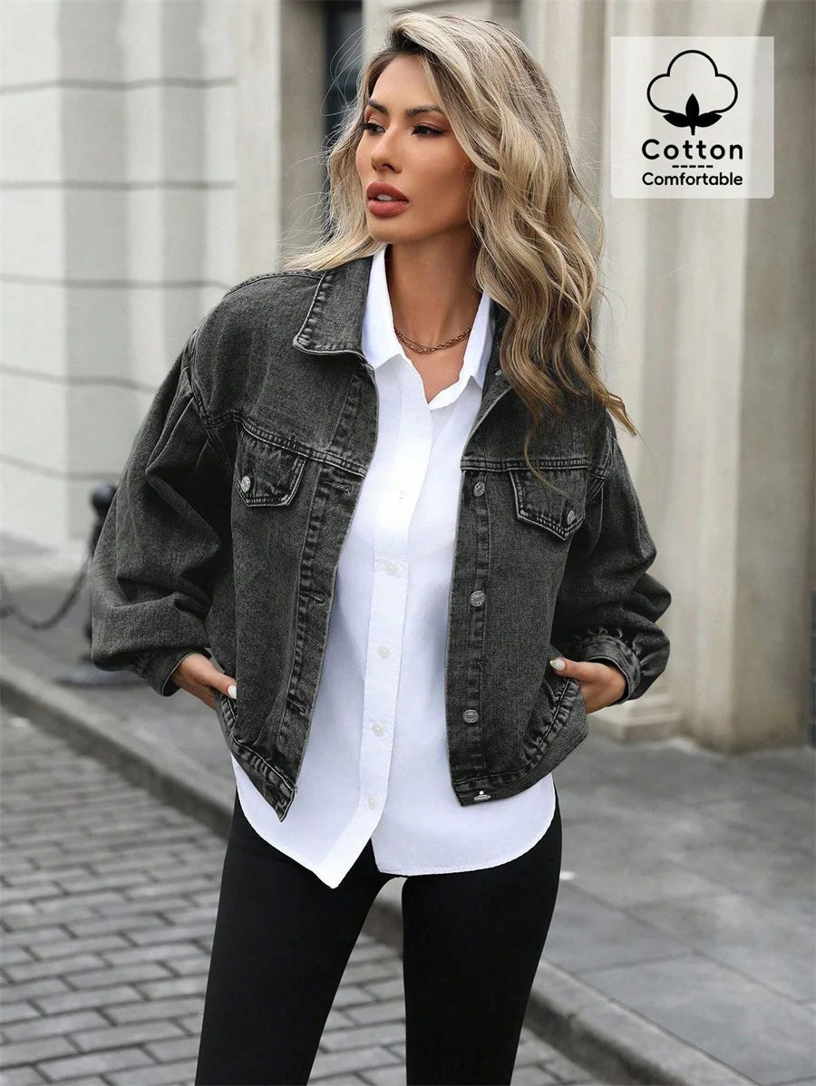 Benuynffy 2025 Autumn Vintage Lantern Sleeve Denim Jacket Women's Casual Streetwear Single Breasted Loose Short Jean Jackets