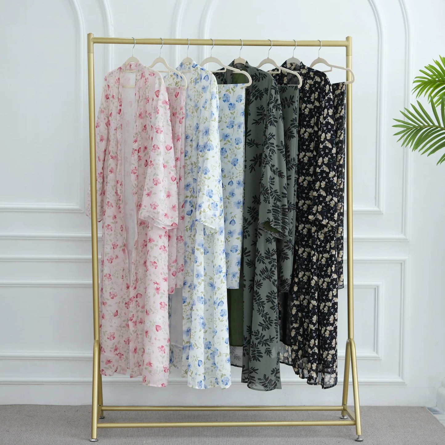 Summer Ramadan Chiffon Modest Abaya Women Muslim Dress Two Pieces Set Front Open Printed Kimono Abaya With Matching Hijab Scarf