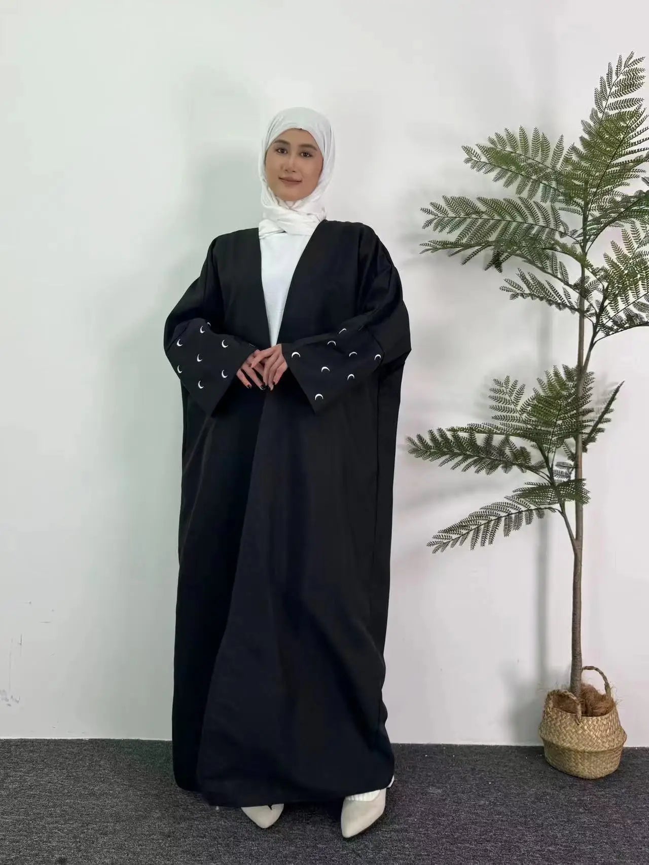 Moon Embroidery Open Front Abaya,Long Sleeve Maxi Length Dress Women's Clothing Muslim Cardigan Abayas Out Kaftans Women Jilbabs