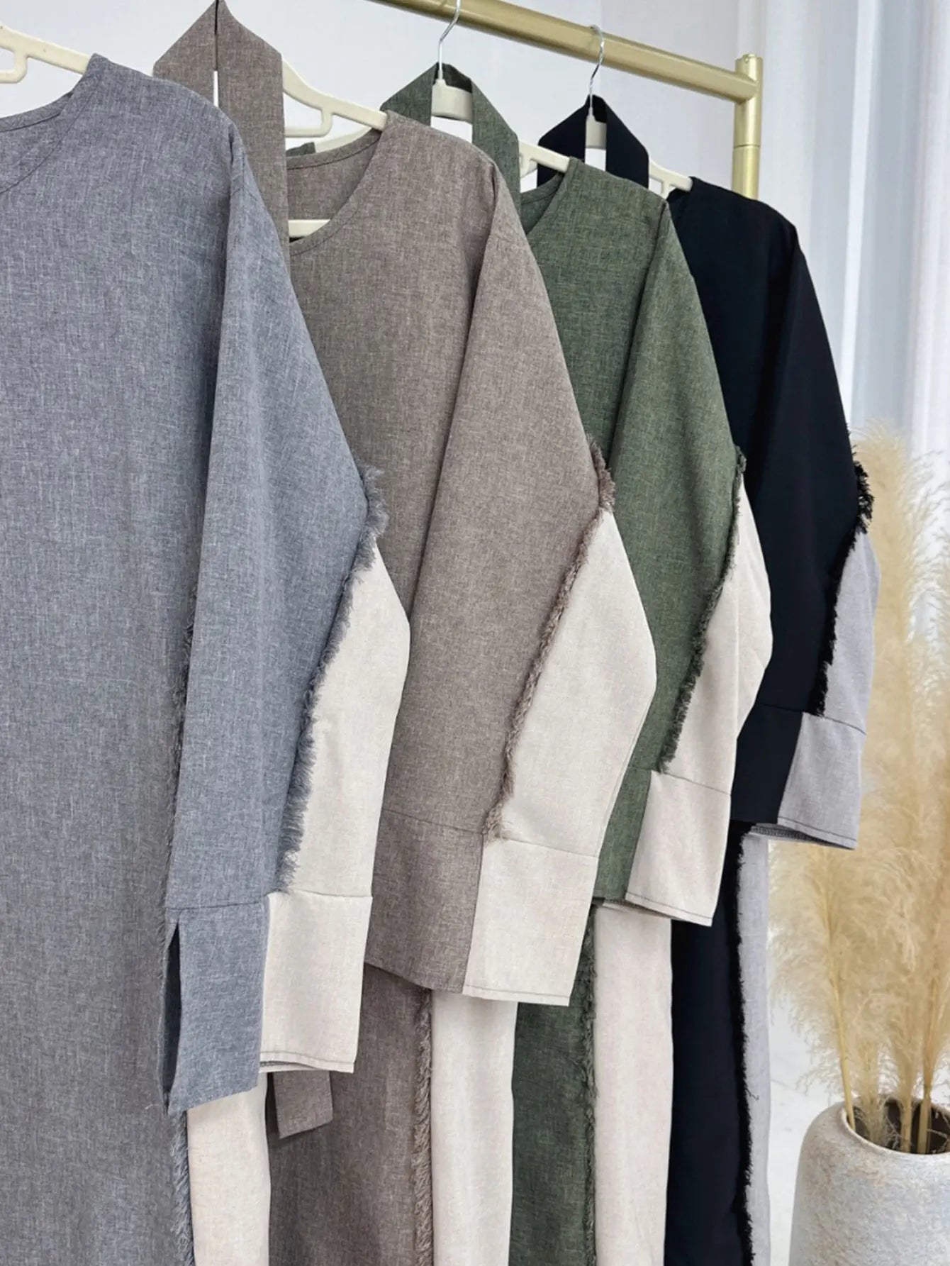 New Trend Contrast Color Women Dresses Modest Abaya Muslim Women Dress Linen Frayed Closed Abaya Ramadan EID Dubai Abaya 2025