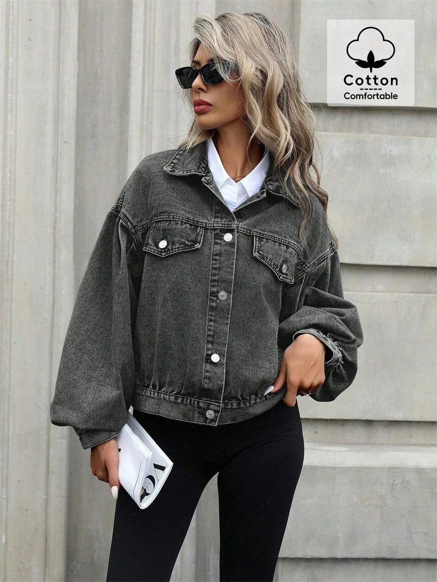 Benuynffy 2025 Autumn Vintage Lantern Sleeve Denim Jacket Women's Casual Streetwear Single Breasted Loose Short Jean Jackets