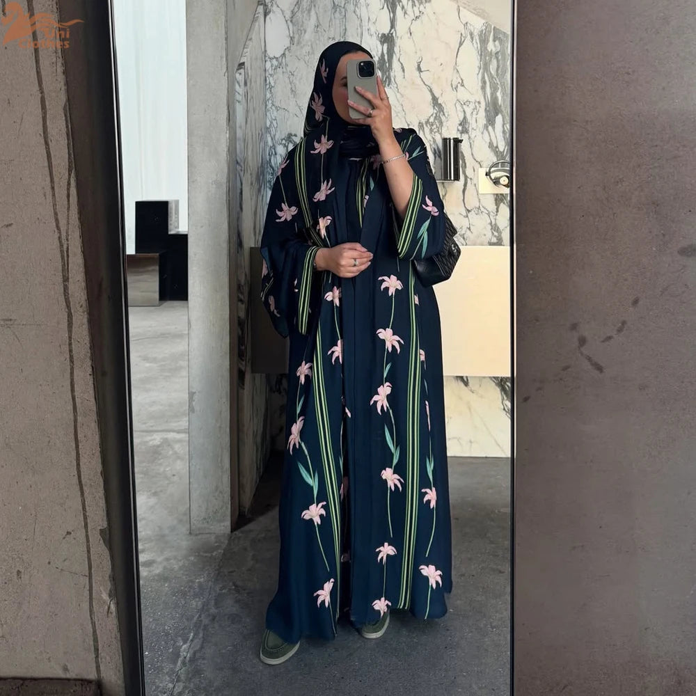 Uni Islamic Clothing Modest Abaya Women Muslim Dress Front Open Printed Abaya 2025 With Hijab Scarf Two Piece Set for Summer