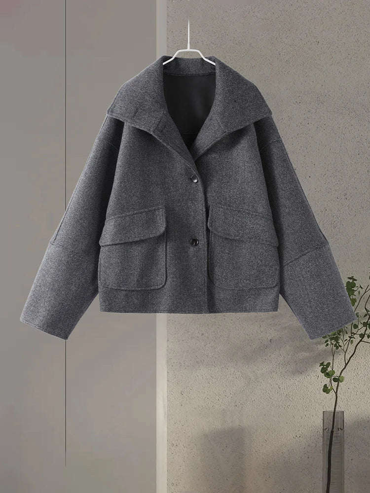 2025 Autumn Winter Stand Collar Coat Women Big Pockets Wool Blend Long Sleeve Single-breasted Thick Jacket Female Lady Outwears