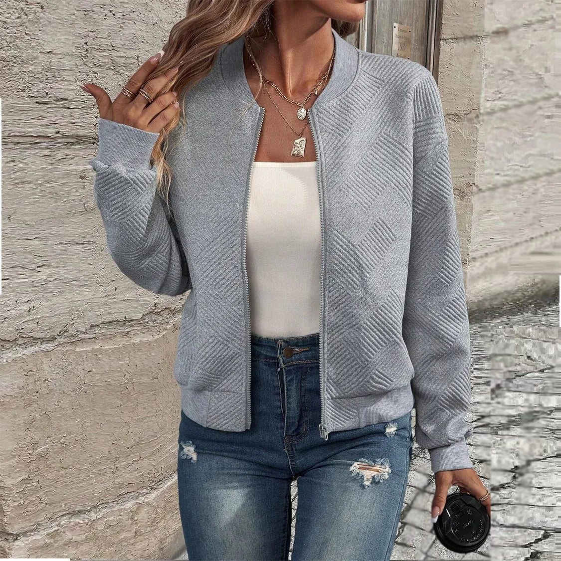 Women's autumn and winter new solid color simple and exquisite zipper jacket baseball collar casual jacket