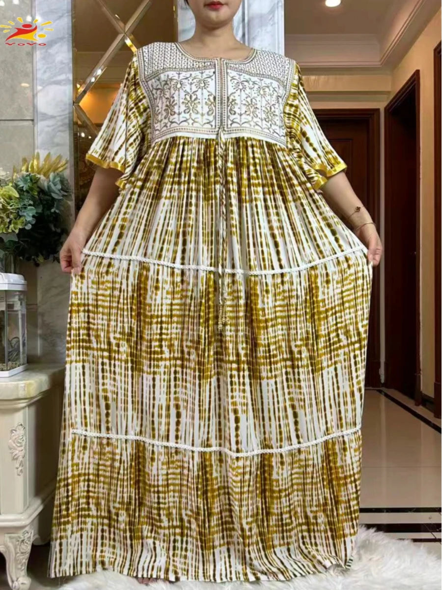 2025 New Muslim Abaya Summer Dress Short Sleeve Collect Waist Floral Loose Boubou Maxi Islam Women Dress African Abaya Clothing