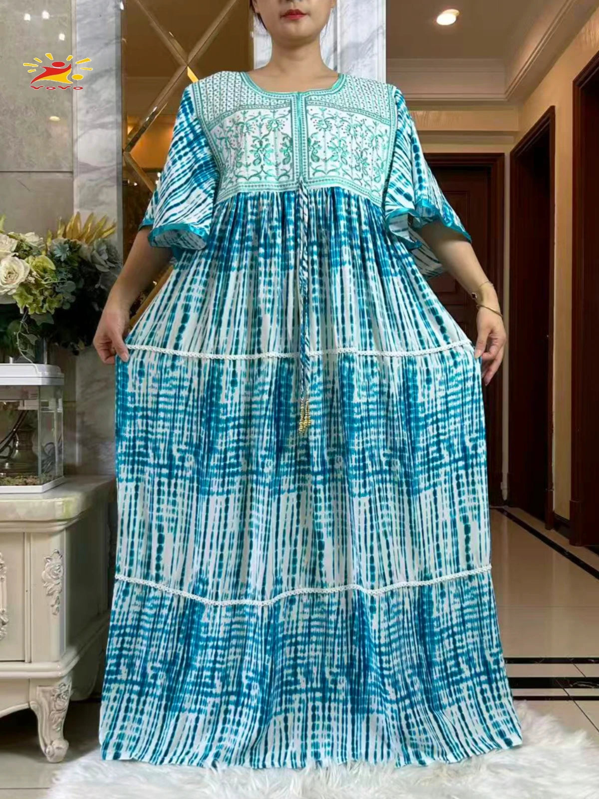 2025 New Muslim Abaya Summer Dress Short Sleeve Collect Waist Floral Loose Boubou Maxi Islam Women Dress African Abaya Clothing