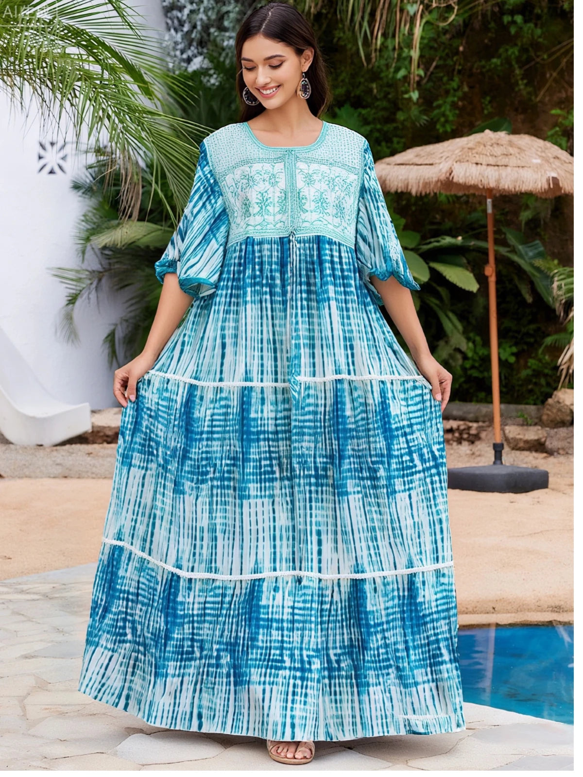 2025 New Muslim Abaya Summer Dress Short Sleeve Collect Waist Floral Loose Boubou Maxi Islam Women Dress African Abaya Clothing