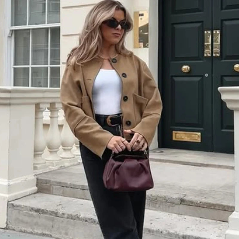 HXAO Demi-Season Suede Jacket Women Cropped Coat Autumn Faux Bomber Jacket Outerwear Button Elegant New Jacket Short Coat